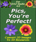 Pics, You're Perfect! for DAZ Studio 4 by Winterbrose. Step-by-Step Guide to Converting 2D Images to 3D Resources. The purpose of this tutorial is to demonstrate how to use digital images that you feel are picture perfect as your own resources within DAZ Studio for your projects. We know the title is Pics, Youre Perfect!, but we like to pronounce it as picture perfect. Most, but not all, of the digital images you will deal with are from the new age of high resolution digital photos that can be taken with a camera or smart phone. We will demonstrate how to use these images to create new textures with transparency and use these directly within DAZ Studio. We will also demonstrate the benefits of using scanned images of items that are the right shape and size to be scanned with digital flatbed scanners. This tutorial includes 5 free reduced resolution versions of images from the MR-Pix RF Resource Image Packs that have been used for each demonstration. You will not need any digital images to get started. * Tutorial Overview: - 58 Pages Fully Illustrated - Popular PDF Format - Step-by-Step Instructions - Prepared with DAZ Studio 4.6 * DAZ Studio Setup - Window Layout & Style - Viewport Settings * Image Formats - JPG vs. PNG - Resolutions * Graphics Apps * Digital Photos - Load Images - Adjusting Canvas - Cropping Image - Prepping Image - Saving Layer Image Files - Trimming Methods * Skills Exercise - Test and Hone Your Skills * Digital Scans - Common Problems * More Selection Techniques - Rectangle Select - Ellipse Select * Using Your Creations - Tiling Textures onto 3D Objects
