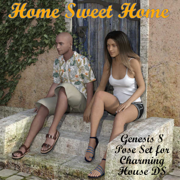 Whether it's your first home or not, the Charming House for Daz Studio fits nicely into your artwork. Start your project off right with this set of 14 poses for the Genesis 8 Female (G8F) and Genesis 8 Male (G8M) depicting activities around this nice looking house. There are seven poses for each figure which include: sitting on front steps, climbing up stairs, walking down stairs, sitting on terrace, walking on sidewalk, sitting on box, and opening front door.