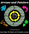 ARROWS and POINTERS: Game Ready 3D Models with Extended License by Winterbrose. Arrows and Pointers is a 60-piece collection in a wide variety of shapes and styles. These models are provided in BLEND, DAE, FBX and OBJ formats. This is an extended license product meaning you can use it for 3D game development or any other commercial render/animation project. These models are easily integrated with other props and figures to customize almost any scene. This set of stand-alone props can be used to bring attention to other items in your artwork, or as helper icons in games to guide players in the right direction, or guides to finding special items like hidden treasures, health points, or weapon ammunition.
