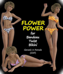 FLOWER POWER for Bandeau Twist Bikini (G8F) by Winterbrose. Set of three floral patterned texture sets for the Bandeau Twist Bikini for the Genesis 8 Female. These sets were quickly created with the Precut Flowers Merchant Resource texture template and the flood-fill feature of GIMP.