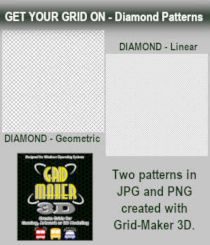 Get Your Grid On - Diamond Patterns by Winterbrose. The two included patterns are sized at 255x255 and 500x500 pixels and provided in both JPG and PNG formats. These grids can be used for 3D texturing or 2D layouts. The two were created and saved in less than 30-seconds using the power of Grid-Maker 3D. Start your next project requiring objects and images to be aligned or properly placed using diamond patterns with a custom grid created by yourself.