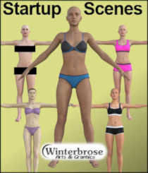 STARTUP SCENES for Daz Females in Daz Studio by Winterbrose. This collection of nine scene preloads features these five DAZ female figures in one place: V4, G1F, G2F, G3F, and G8F. Use it to quickly change or add/merge these females into the scene, or use these as the locations for setting up your startup scene for Daz Studio. Basic scenes include Victoria 4.2 (default Dressed), Genesis Basic Female (default Nude), Genesis 2 Female (default Nude and Dressed), Genesis 3 Female (default Nude and Dressed), and Genesis 8 Female (default Nude and Dressed). Figures must be installed with all basic content to function properly. Licensed for personal and commercial use.