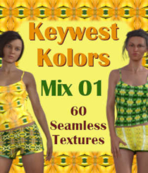 KEYWEST KOLORS Mix 01, 60-piece Seamless Texture Collection by Winterbrose. This set of digital images is compatible with most 2D/3D applications which can import/open JPG files. This compilation of 60 colorful images in JPG format sized at 256x256 shows hints of red and pink. Each texture was saved at uncompressed (100%) to retain the original image quality for use in all of your projects. These textures are perfect for creating your own backgrounds, borders, textures, or materials. The main promo clothing textures were created with KWK-3332, KWK-3358, KWK-3632, and KWK-3657.