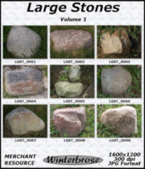LARGE STONES Image Collection, VOLUME 1 (Merchant Resource) by Winterbrose. LARGE STONES is a unique collection of 36 high-resolution photos of large natural stones in jpeg format sized 1600x1200 at 300 dpi with 9 images in each volume. This package is being distributed as a Merchant Resource in accordance with the ReadMe licensing guidelines. You can use these images for your own private works, for freebie items, or to create commercial works for sale.