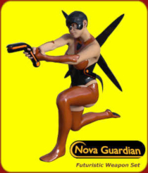 NOVA GUARDIAN Weapon Set for Daz Studio by Winterbrose. Prepare your very own galactic police force by gearing them with the Nova Guardian Weapon Pack. This set includes a futuristically matching themed set of weapons for galactic policing, including a Knife, Pistol, and Blade Shield for the offense and defense you'll need encountering criminals across the galaxy. Spread peace or fear while making your universe a "safer" place and looking good while doing so. Features of included weapons: 1) NG-Pistol, pressure activated trigger-less firing; 2) NG-Knife, durable ever-sharp hook shaped titanium blade; and 3) NG-Shield, light-weight defensive shield with retractable blades.