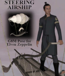 STEERING AIRSHIP Pose for Genesis 8 Male (G8M) and Elven Zeppelin DS by Winterbrose.  When you purchase the Elven Zeppelin for Daz Studio, you can get started right away with this model specific pose for the Genesis 8 Male (G8M) guiding the rudder on the deck. This pose is licensed for both commercial and non-commercial renders.