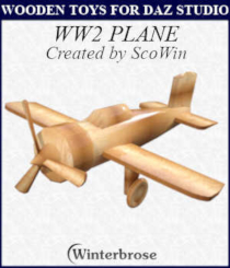 WW2 Plane from Wooden Toys for Daz Studio 4 by Winterbrose. Child's toy of World War II aircraft made of wood and updated/tested for use in Daz Studio 4.12 or higher. This 3D prop is licensed for personal, non-commercial, and commercial uses. This 3D model has been tested in Daz Studio 4 and works great with the many characters available like the Kids 4 and other figures like the Victoria and Michael variations and the many Genesis evolved figures.